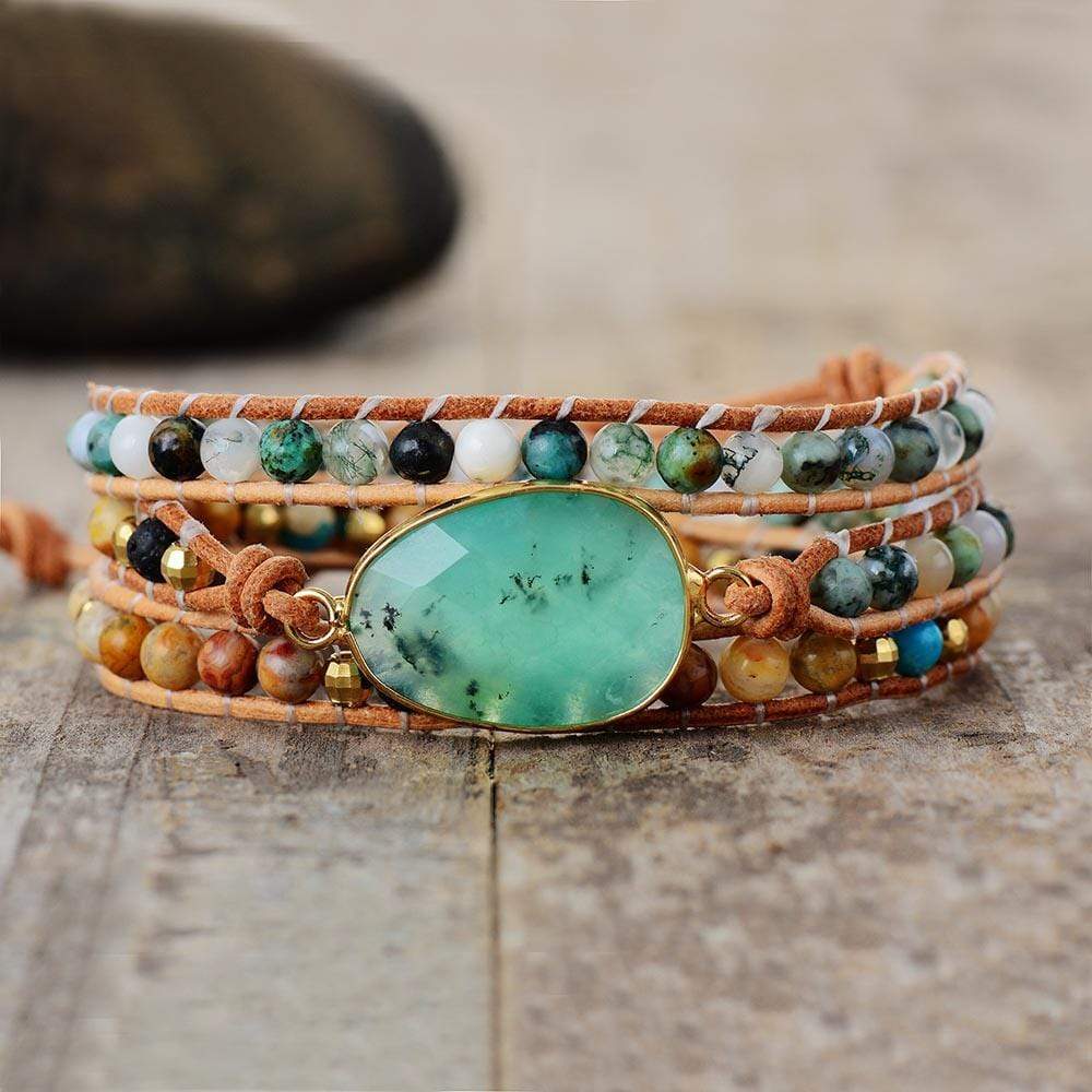 Boho-chic women's wrap bracelet featuring genuine calming jade beads, stylish accessory