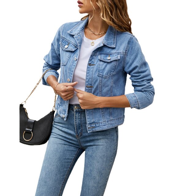 Model wearing stylish women's denim jacket, ideal for spring/fall outerwear & ladies fashion.