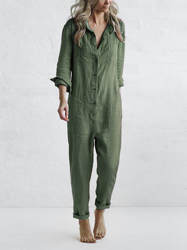Women's casual button-front jumpsuit with utility pockets; comfortable long-sleeve one-piece outfit.