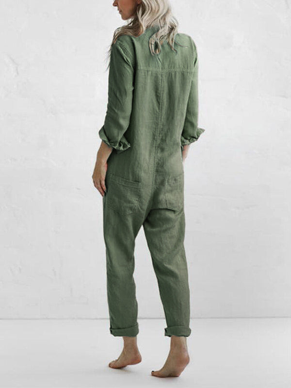 Versatile women's everyday style jumpsuit, featuring a button-front and practical side pockets.