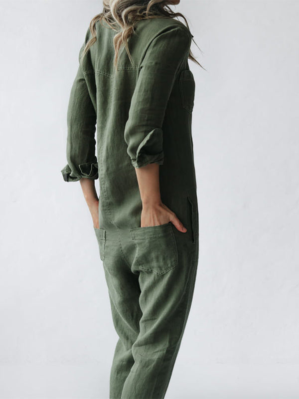 Comfortable women's long-sleeve jumpsuit with a stylish button-front and functional pockets for casual wear.