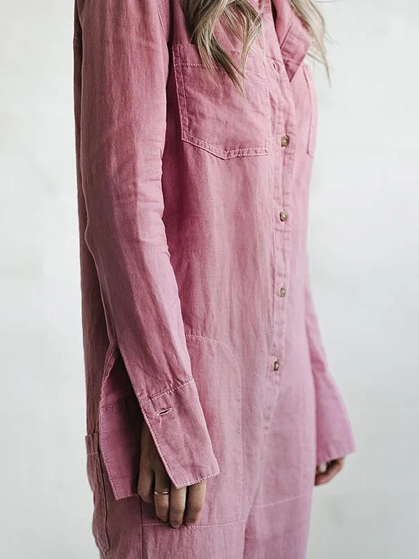 Fashionable women's casual button-front long-sleeve jumpsuit with convenient utility pockets.