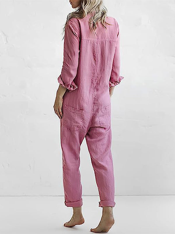 Everyday style women's jumpsuit with a classic button-front, comfy fabric, and deep functional pockets.