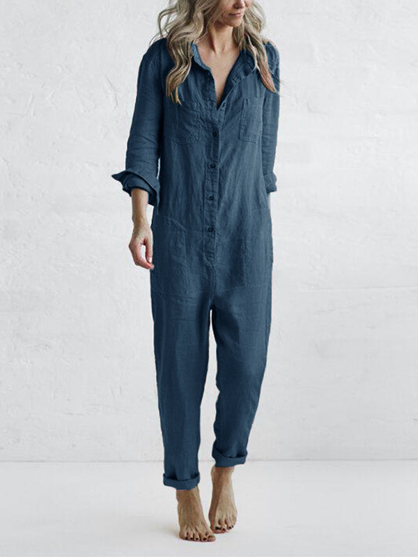 Elegant yet casual women's button-front jumpsuit, long-sleeve and complete with practical pockets.