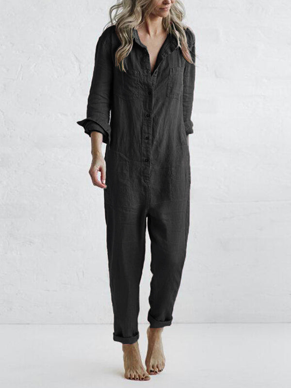 Women's versatile casual jumpsuit with a flattering button-front closure and handy side pockets.
