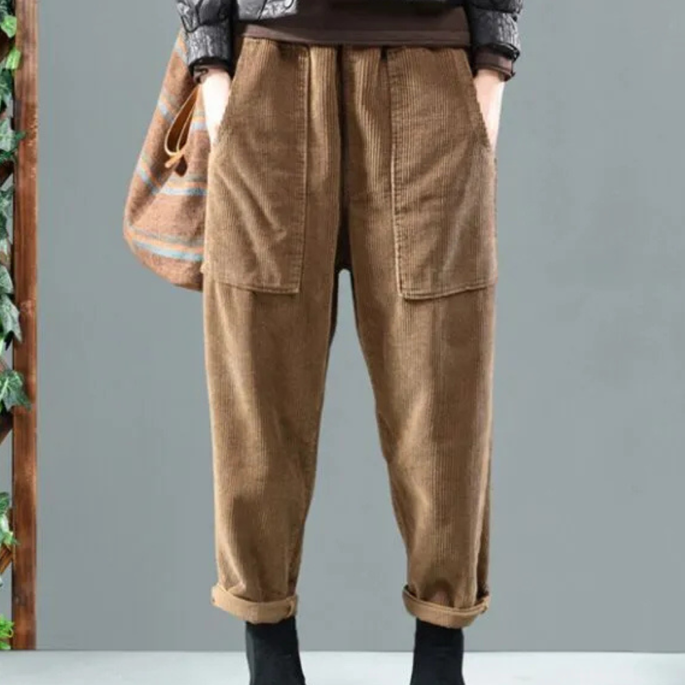 Marlowe women's loose fit corduroy trousers. Comfortable ribbed velvet casual pants for fall fashion.