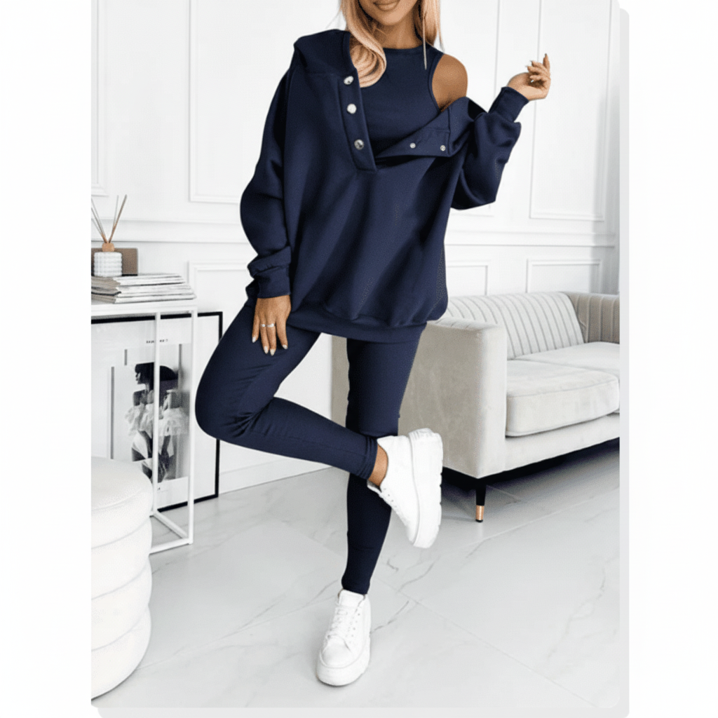 Front view of a women's light blue cotton blend tracksuit, complete with a comfortable sweatshirt and matching trousers