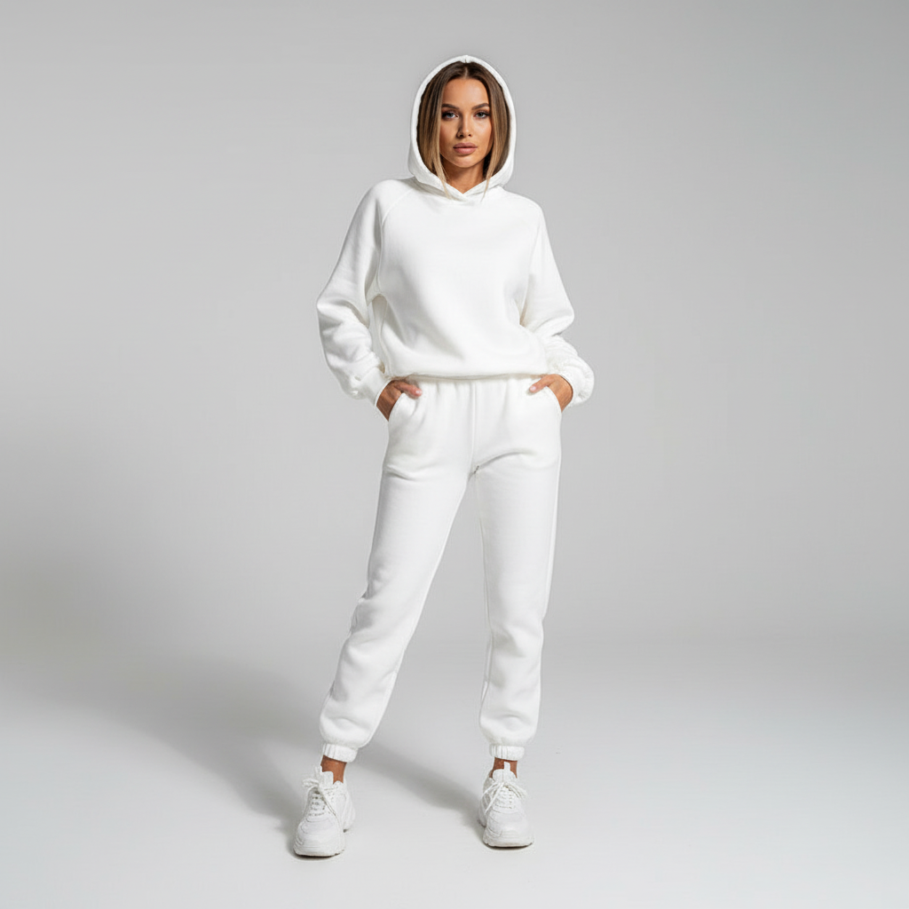 Stack of folded women's casual hoodie and pants loungewear sets, showcasing various available colors