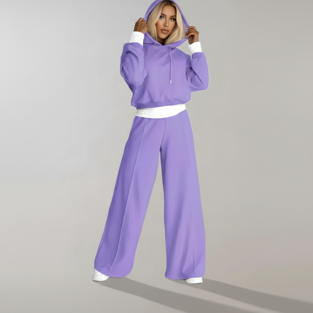Close-up of the textured fabric of the women's casual hoodie and wide-leg pants fashion set.