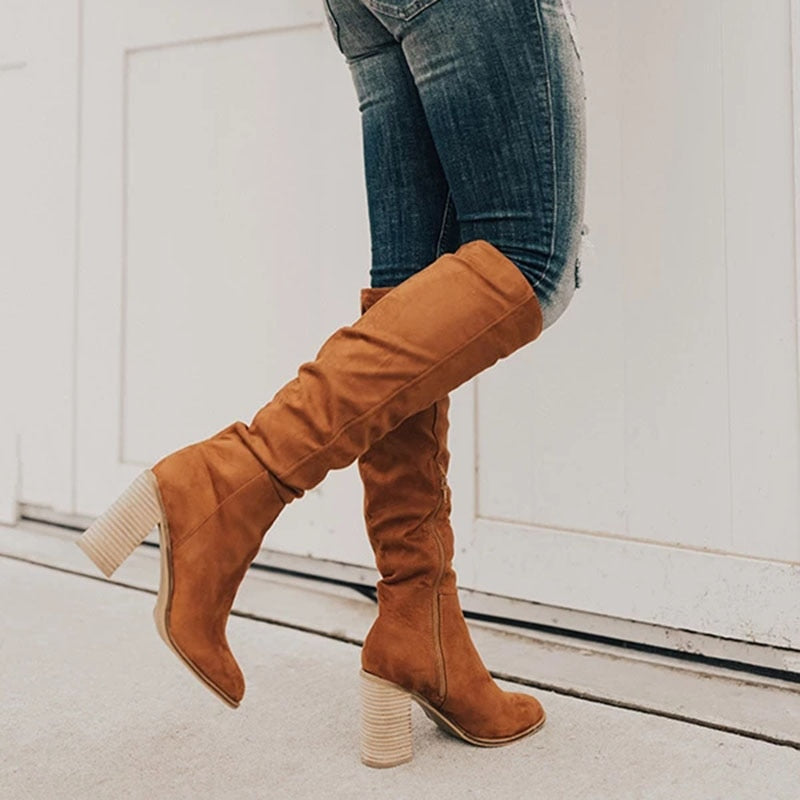 Trendy women's knee-high casual zip boots. Versatile and comfortable, perfect for fall fashion & winter.