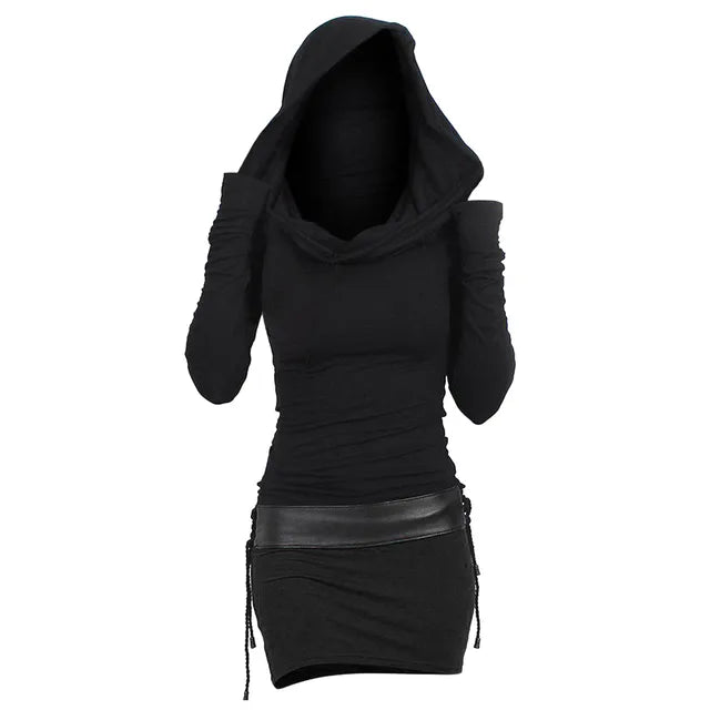 Women's casual long sleeve hoodie dress in black, perfect for fall & winter everyday wear. Comfortable, relaxed fit.