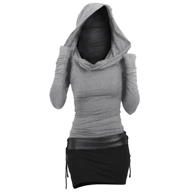 Grey hooded knee-length dress for women, versatile and comfortable. Ideal for casual wear, fall & winter fashion.