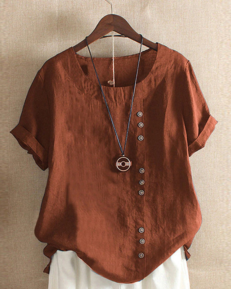 Stylish women's casual short sleeve round neck blouse, perfect for a relaxed everyday look.
