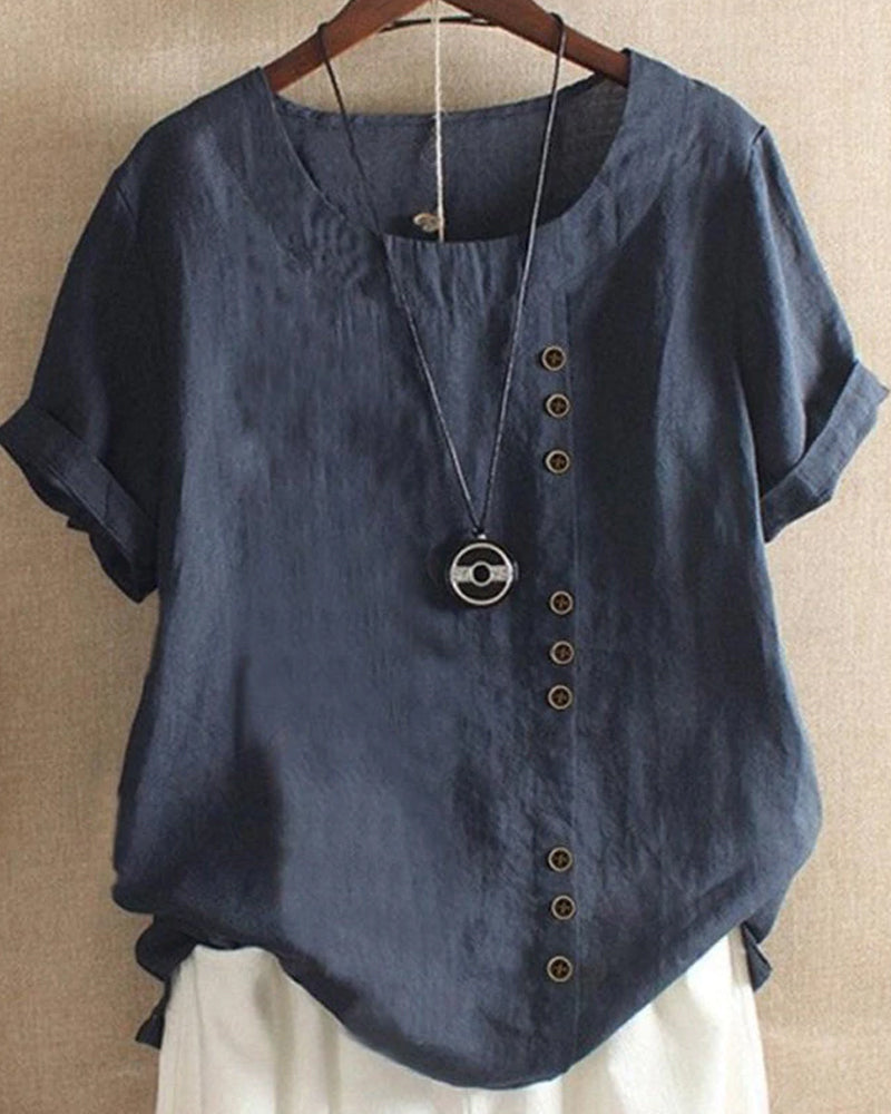 Versatile women's short sleeve round neck top, great for spring fashion & summer style outfits.