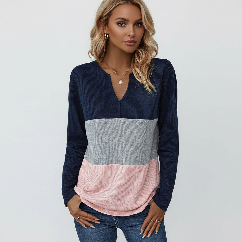 Marie casual V-neck pullover, women's apparel, featuring stylish color block design