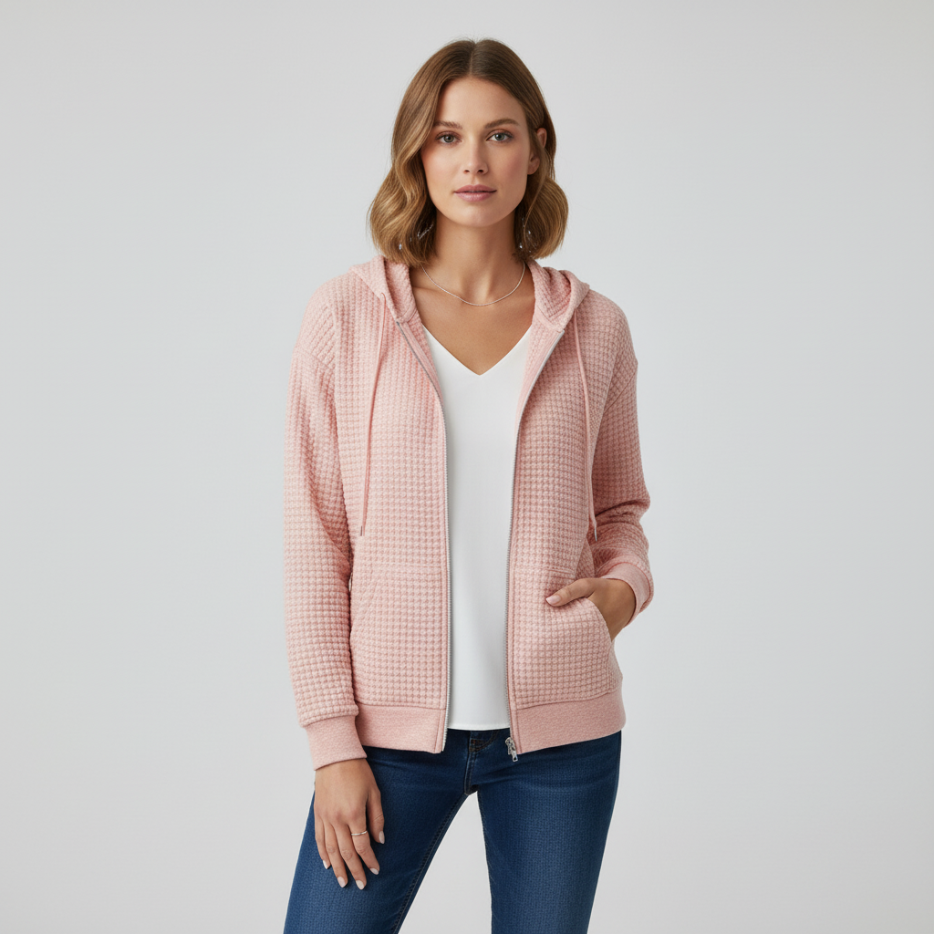 Back view of women's 'Claudia' casual jacket, highlighting a drawstring for adjustable fit, cotton blend