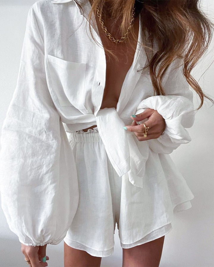 Celeste women's two-piece linen blend summer outfit; a lightweight top with matching shorts.