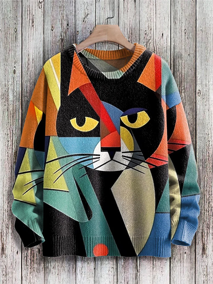 Animal lover's women's sweater. Cozy long sleeve top with a cheerful cat print, designed for playful everyday fashion.