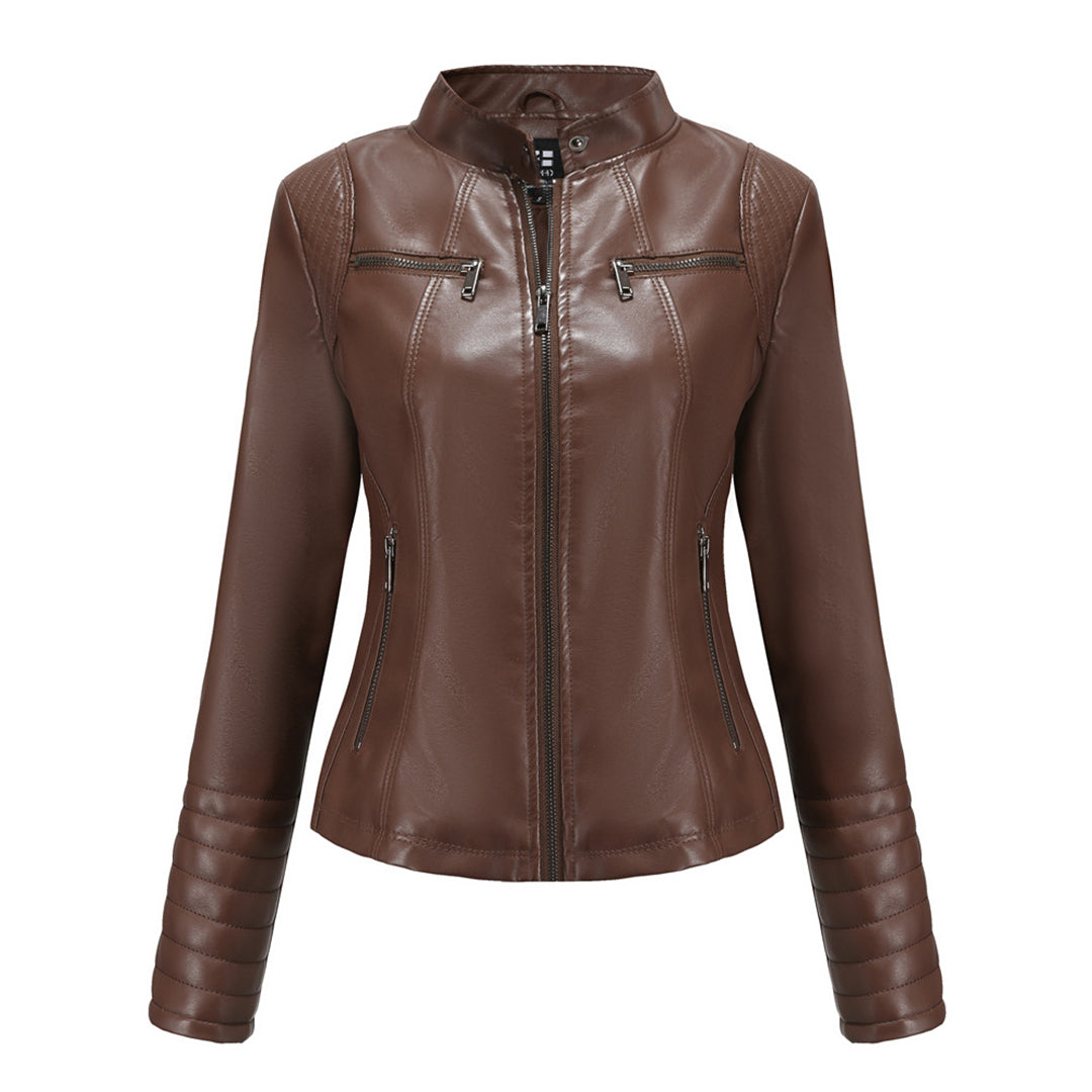 Women's Elin black leather moto jacket. Chic biker style, edgy outerwear, versatile fashion.