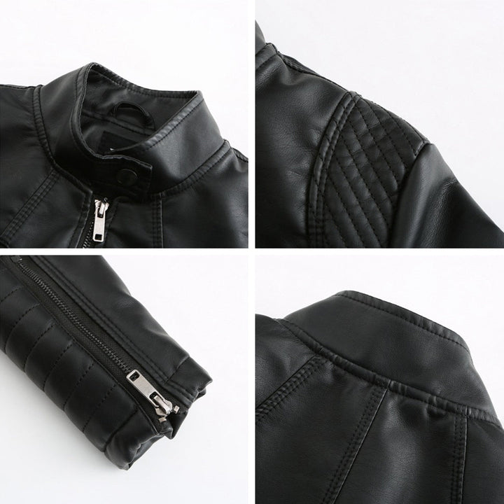 Chic women's moto jacket, Elin, in black leather. Features an edgy design & zip details.
