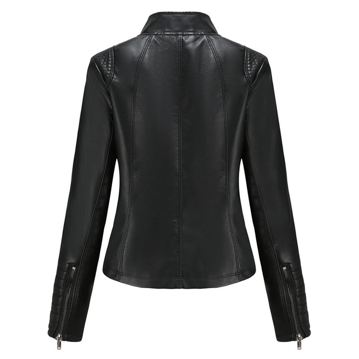 Black leather women's moto jacket, Elin. Offers a chic, edgy look for any outfit.