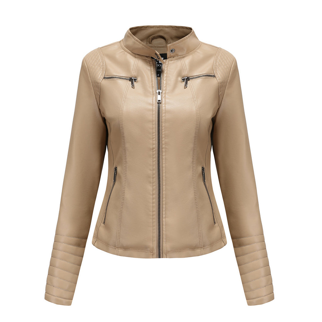 Back view of Elin women's black leather moto jacket, highlighting chic, edgy design.