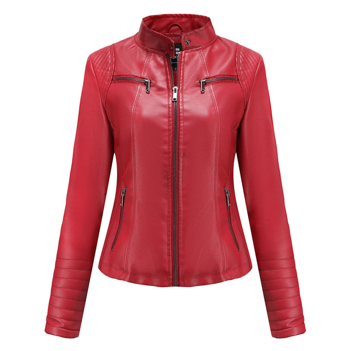 Front view: Elin women's black leather biker jacket with zip closure, for an edgy look.