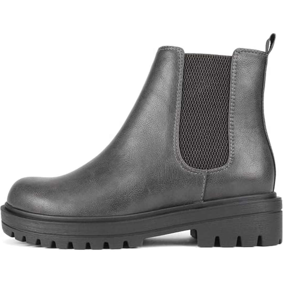 Women's chic black low heel Chelsea ankle boots with elastic side in a studio shot.