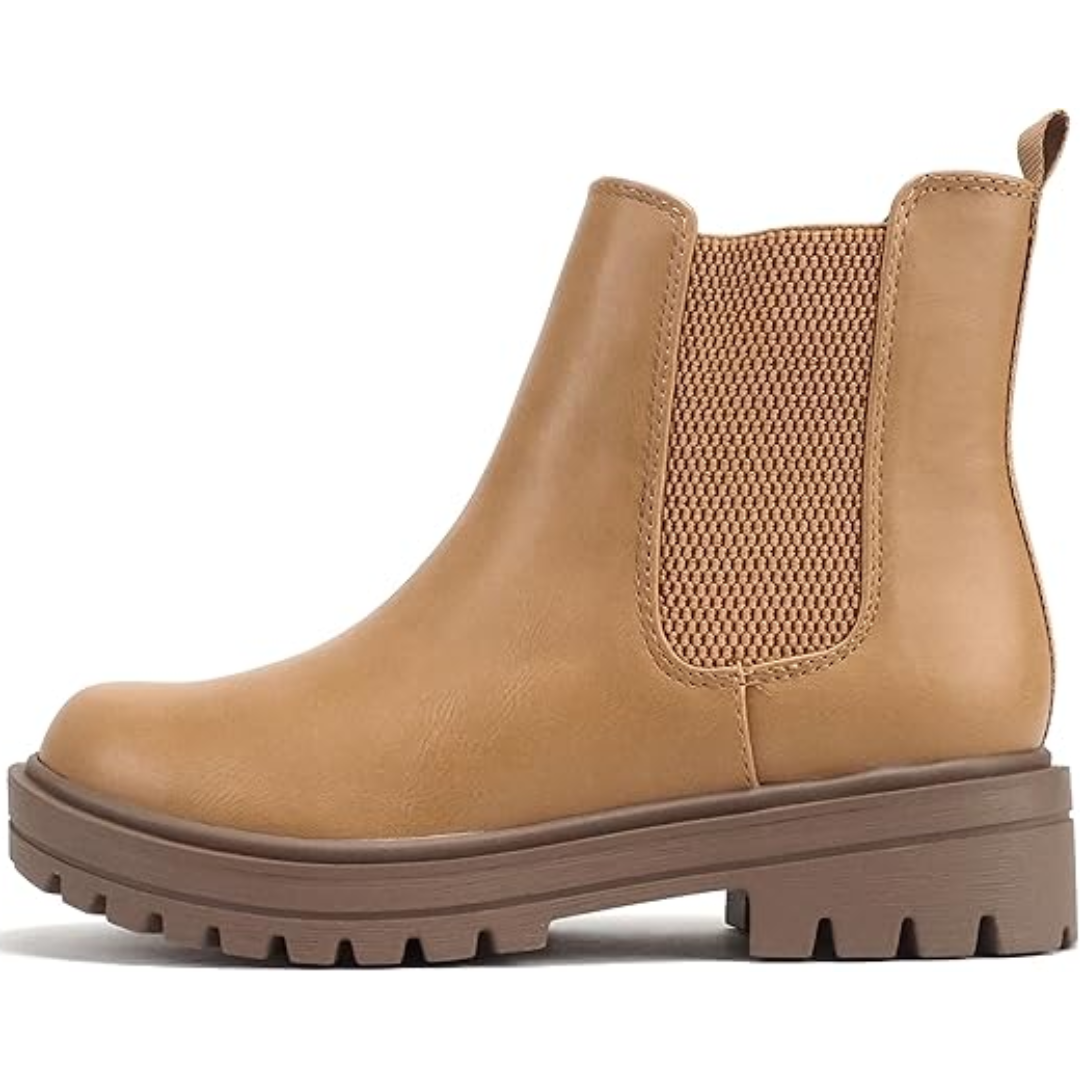 Pair of fashionable women's low heel Chelsea boots, perfect for winter and everyday wear.