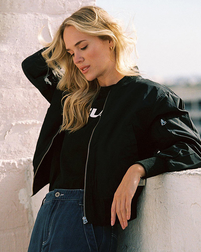 Stylish women's bomber jacket, a lightweight and versatile outerwear for casual spring & fall fashion.