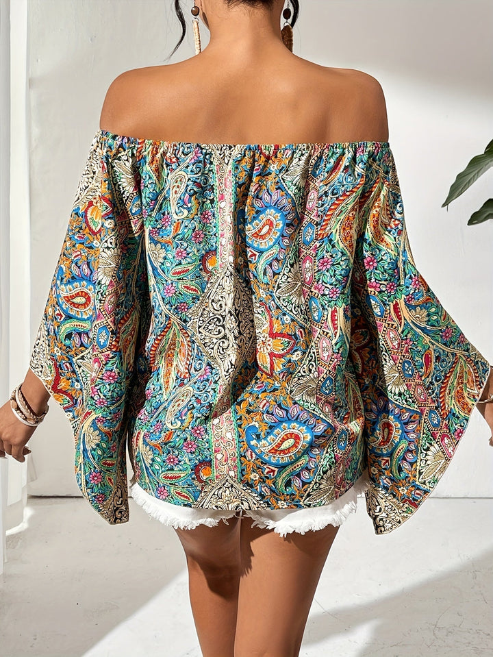Versatile off-shoulder women's blouse, featuring a trendy geometric print for casual or elegant looks.