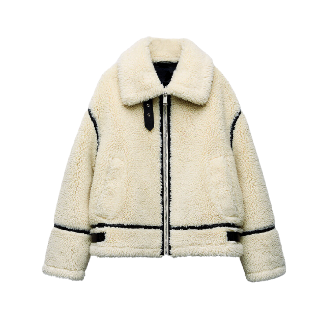 Women's chic oversized teddy aviator jacket in cream, perfect for trendy winter and fall fashion.