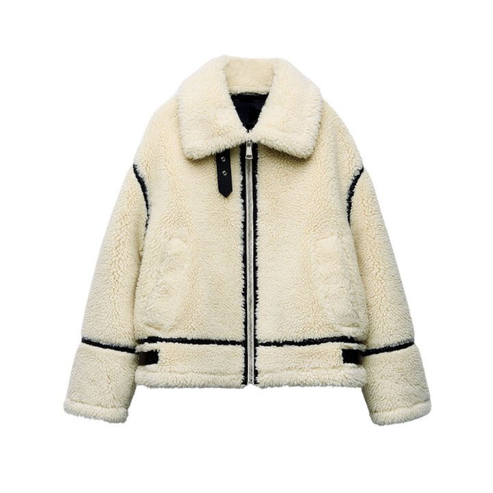 Women's chic oversized teddy aviator jacket in cream, perfect for trendy winter and fall fashion.