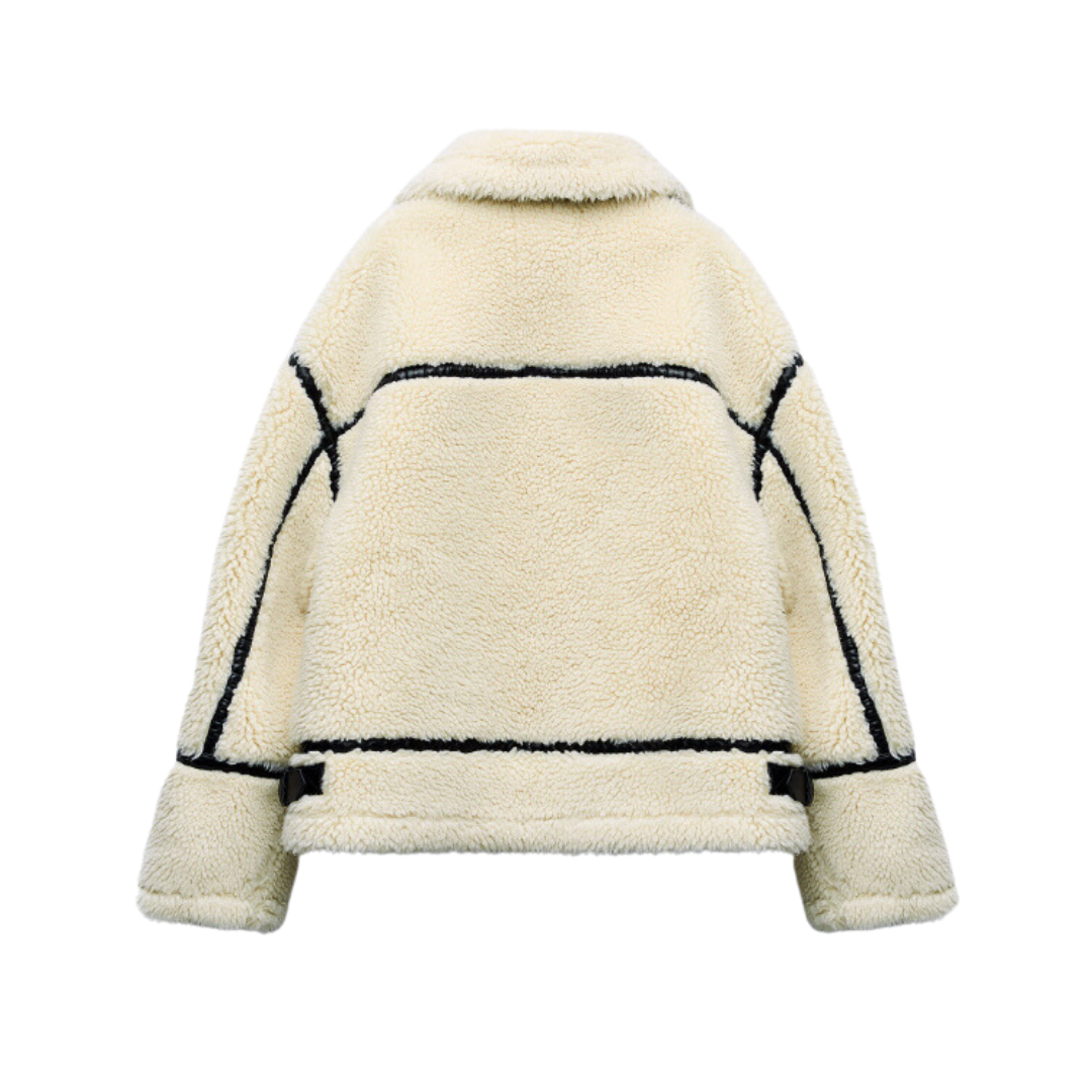 Cream teddy oversized aviator jacket for women, a warm, chic, and trendy fall and winter outerwear.