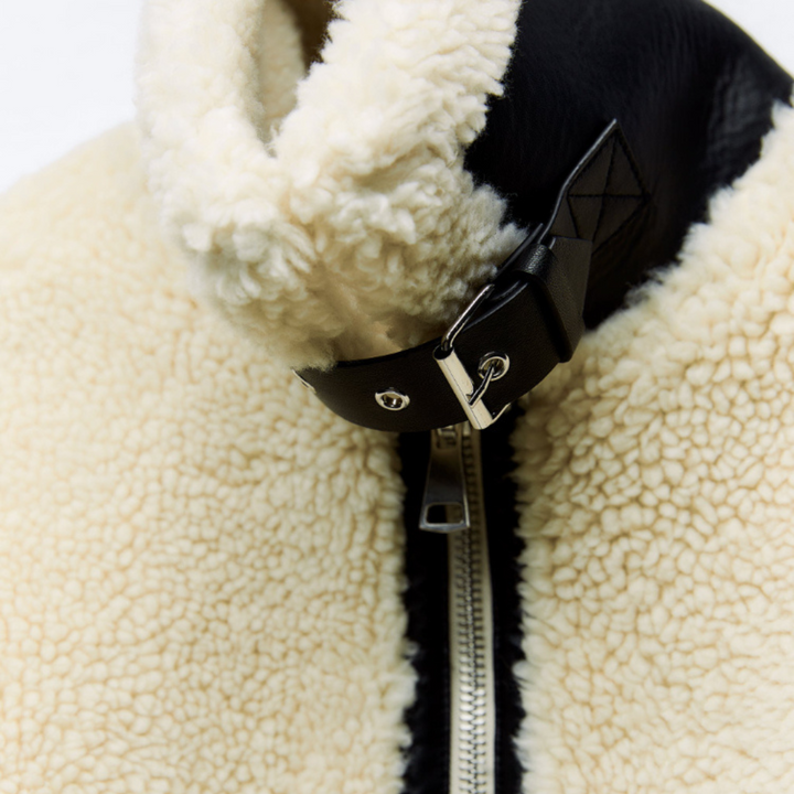 Stylish women's oversized teddy aviator jacket, a chic and warm fall & winter outerwear fashion statement.