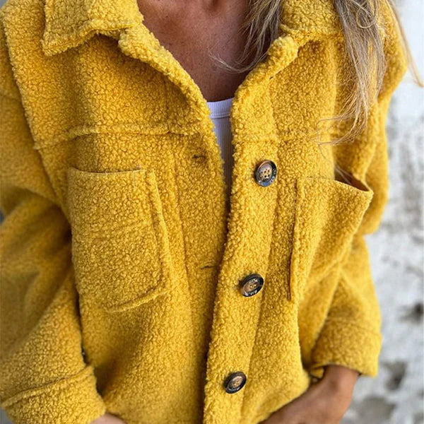 Warm & cozy women's short teddy coat, perfect fall/winter outerwear with a stylish lapel collar.