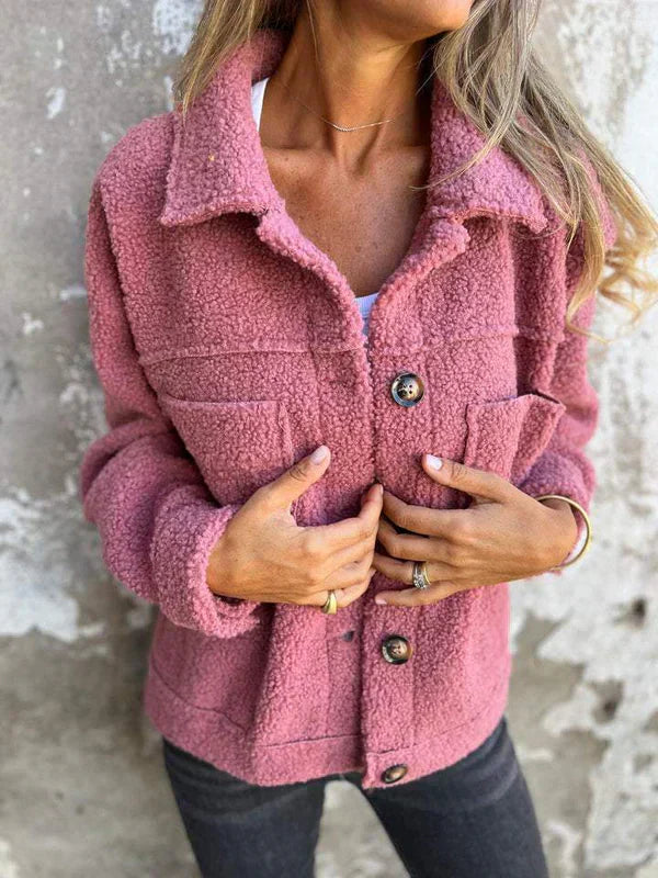 Soft women's short teddy coat, a stylish lapel jacket for cozy fall & winter fashion. Button closure.