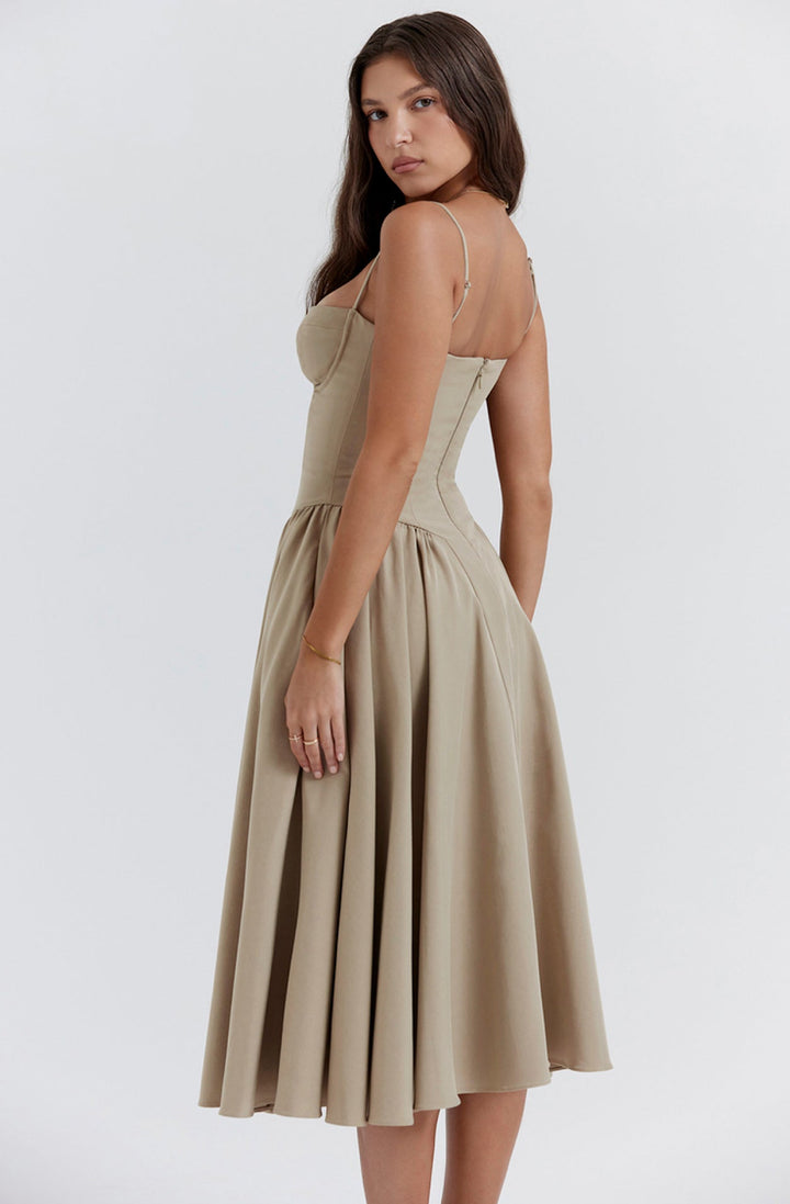Women's versatile summer dress, spaghetti strap, chic corset waist & flared design.
