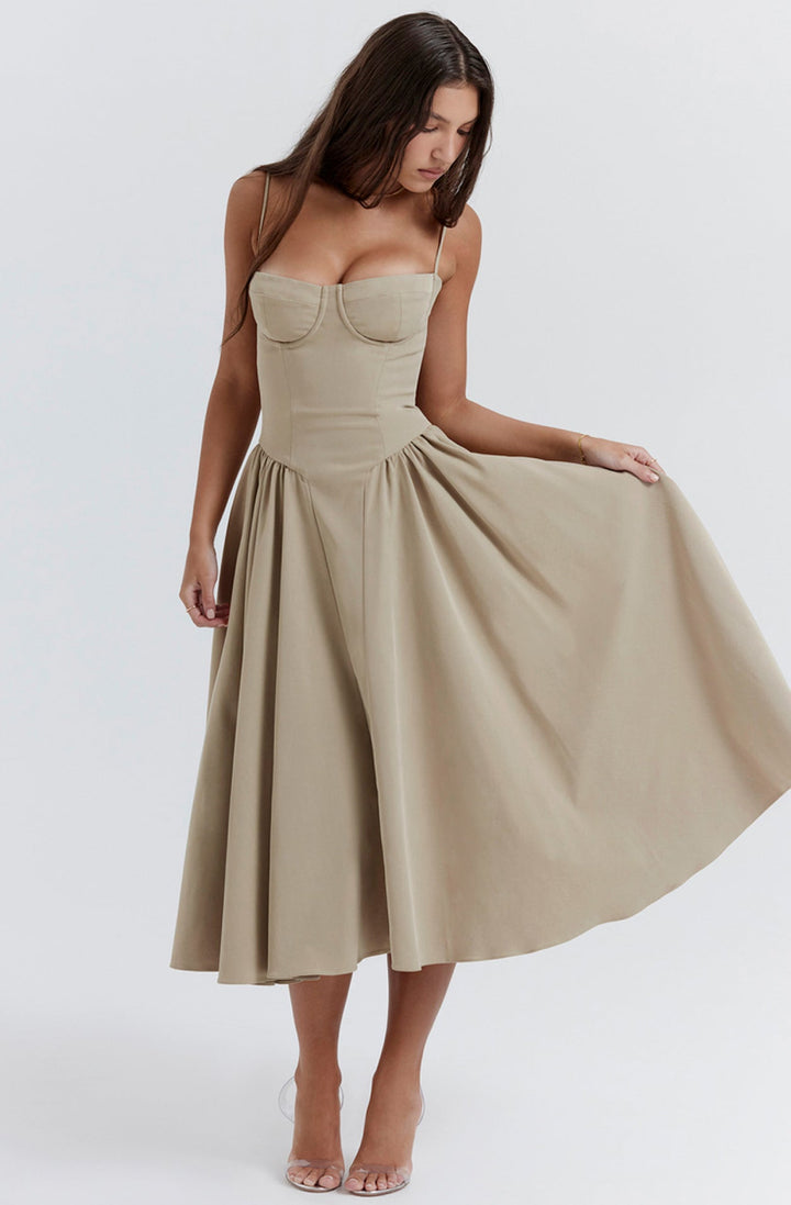Chic summer party dress: Mira design, corset waist, adjustable spaghetti straps, midi length.