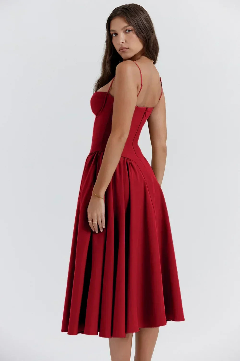 Versatile women's summer dress: flared midi, corset waist, adjustable spaghetti straps.
