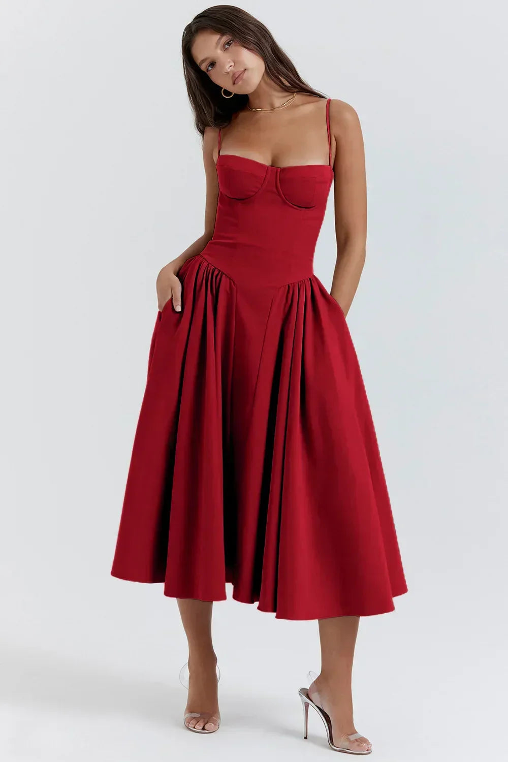 Women's chic summer dress, featuring a flattering corset waist & thin spaghetti straps.