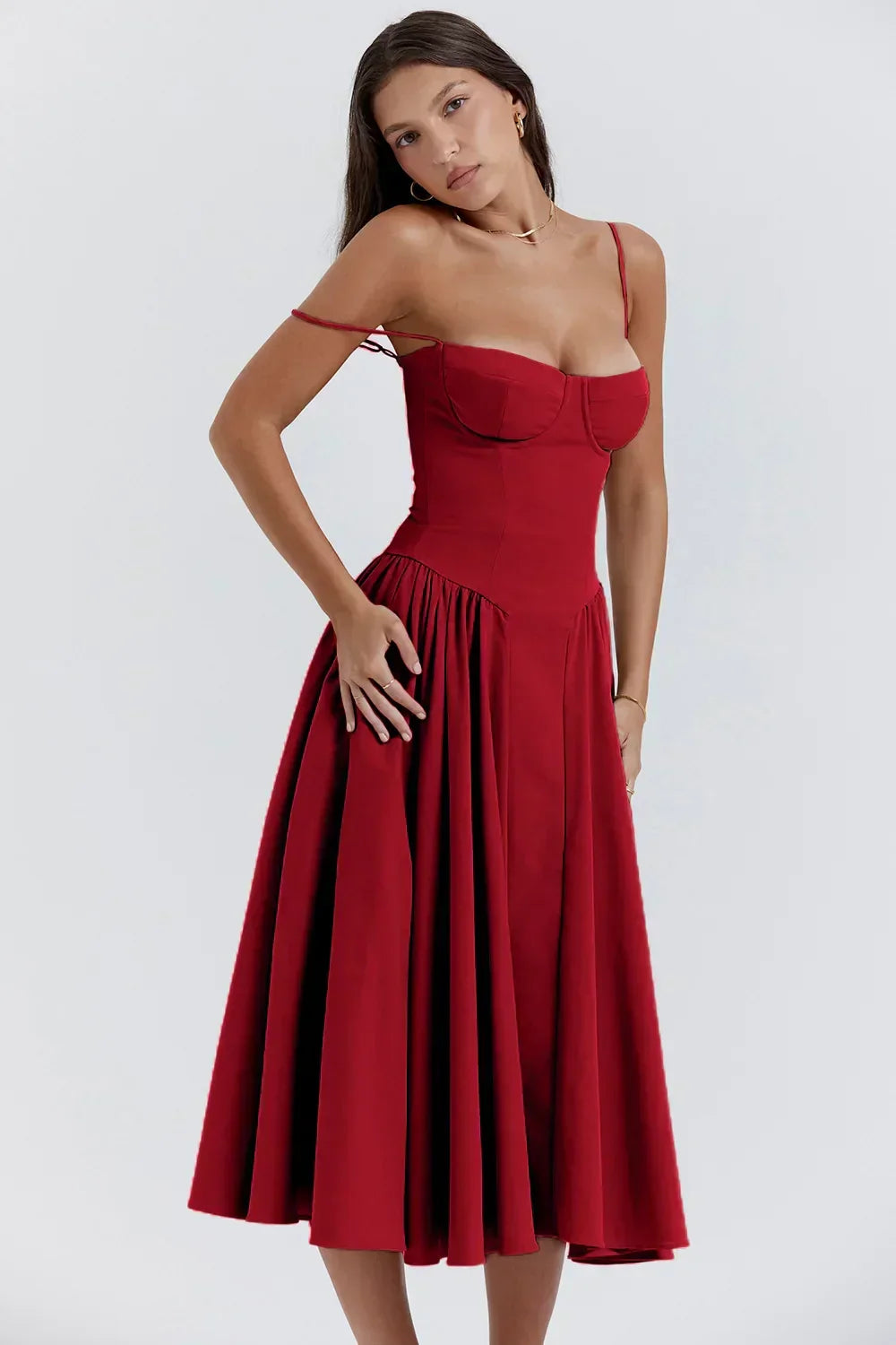 Elegant Mira summer dress with corset waist detail & a graceful flowy flared midi skirt.