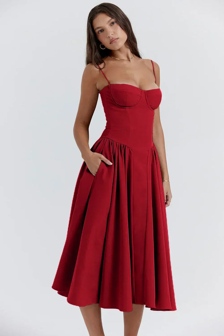 Mira women's summer dress: corset waist, adjustable spaghetti straps, elegant & versatile.