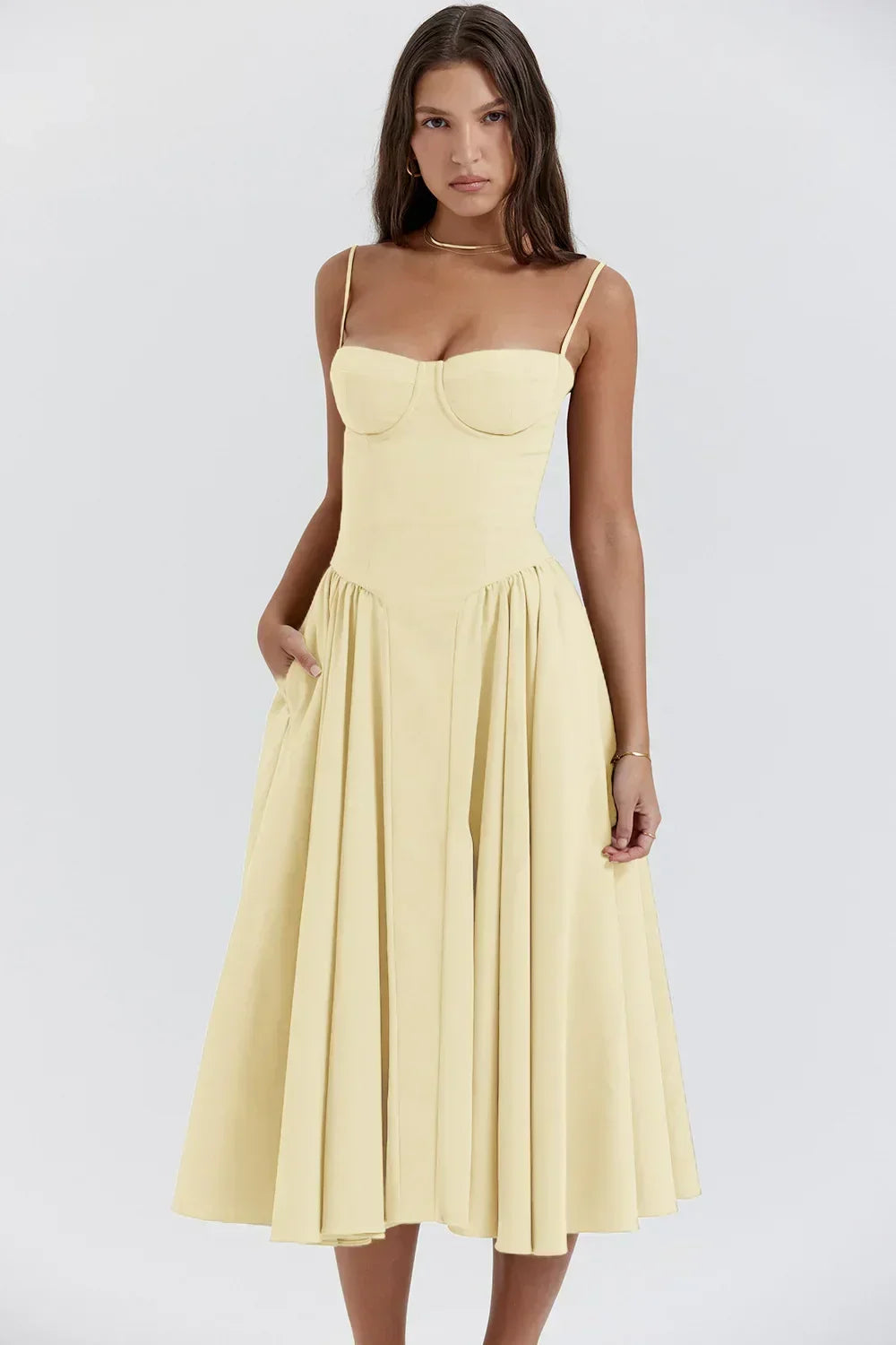 Elegant women's midi dress, perfect for summer, with a corset waist & spaghetti straps.