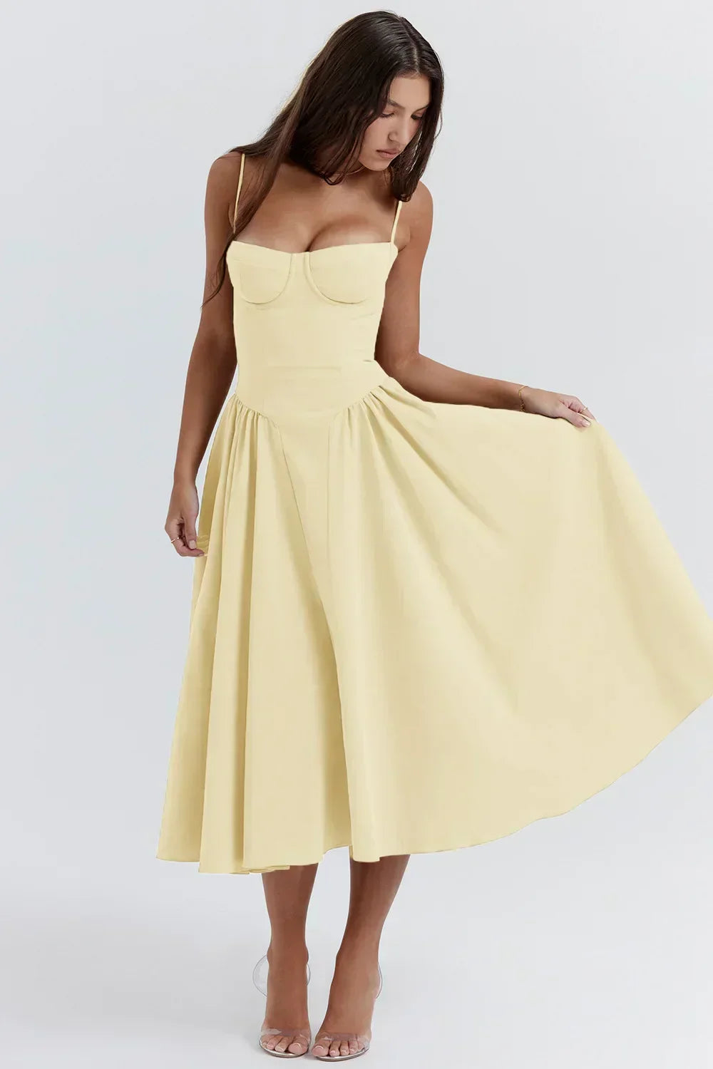 Chic Mira women's summer dress with a corset waist & a graceful flowy midi skirt.
