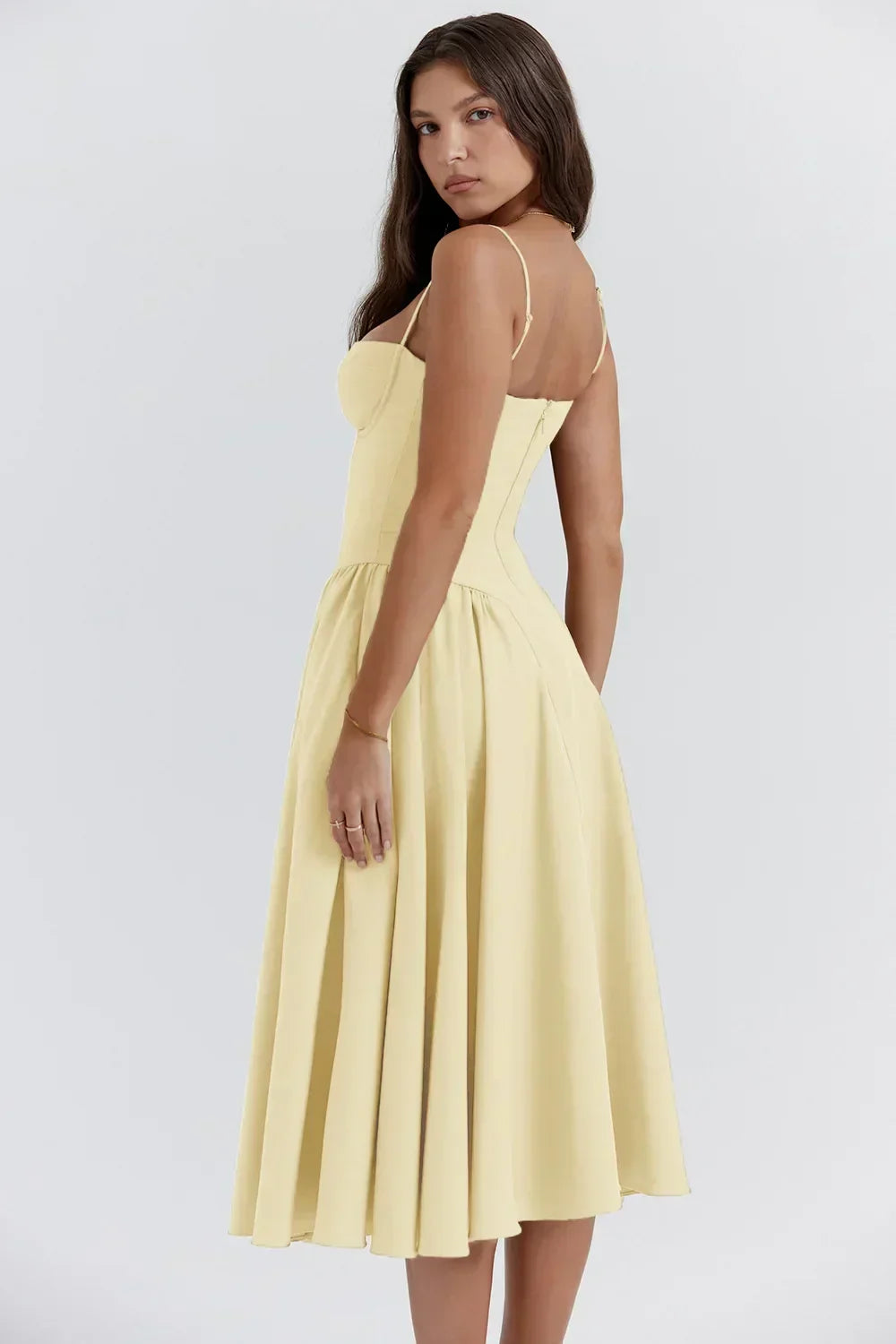 Stylish day-to-night summer dress: corset waist, adjustable spaghetti straps, flared midi.