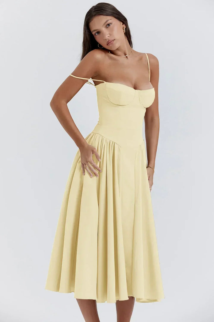 Women's elegant summer dress, corset waist, spaghetti straps, versatile for any event.