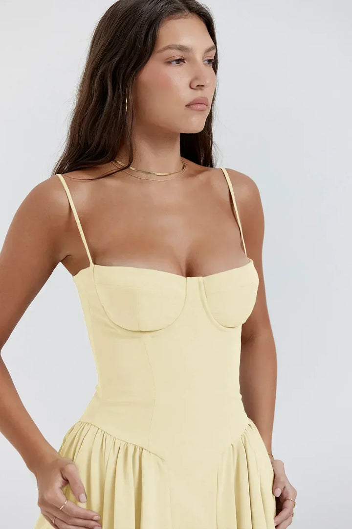 Mira women's summer midi dress, featuring a flattering corset waist & adjustable straps.