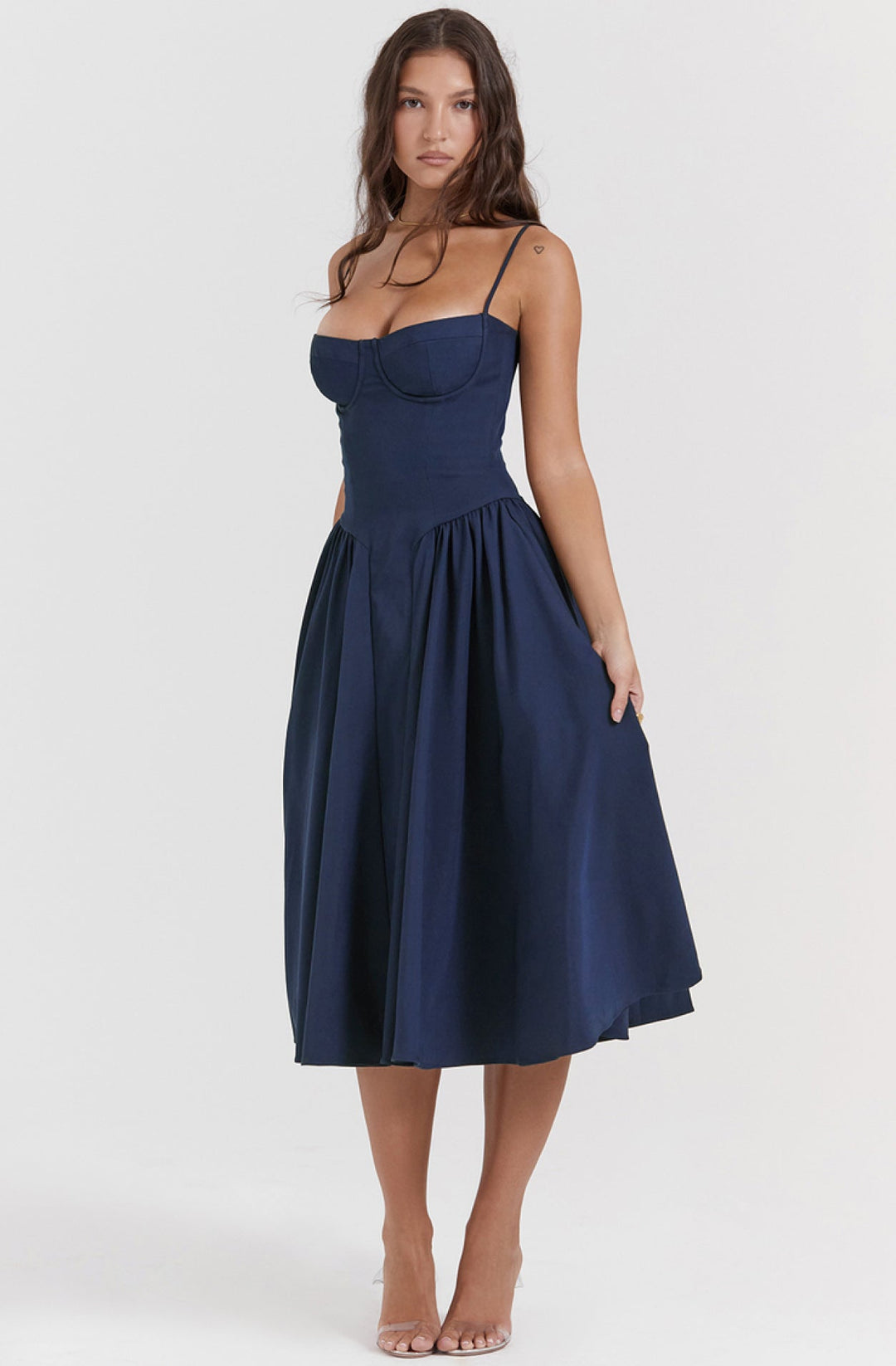 Chic Mira party dress: women's summer midi with corset waist, adjustable spaghetti straps.