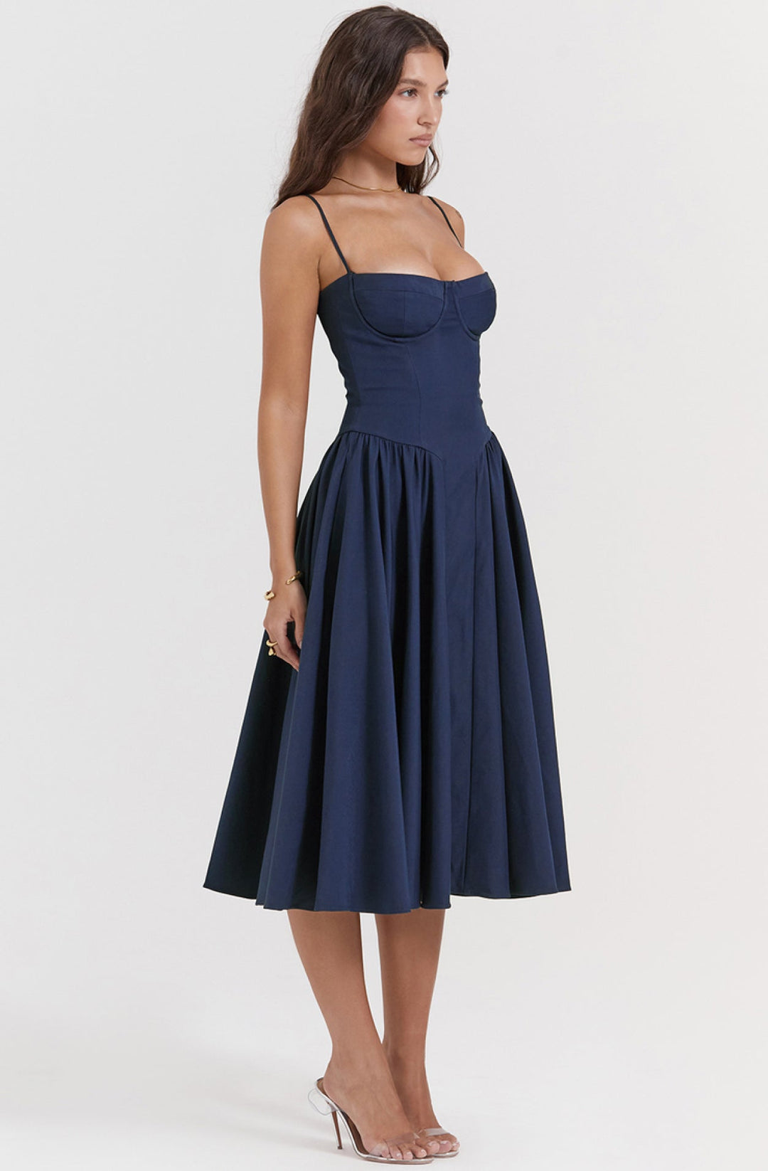 Daytime elegant women's summer dress, corset waist, adjustable spaghetti straps & flowy midi.